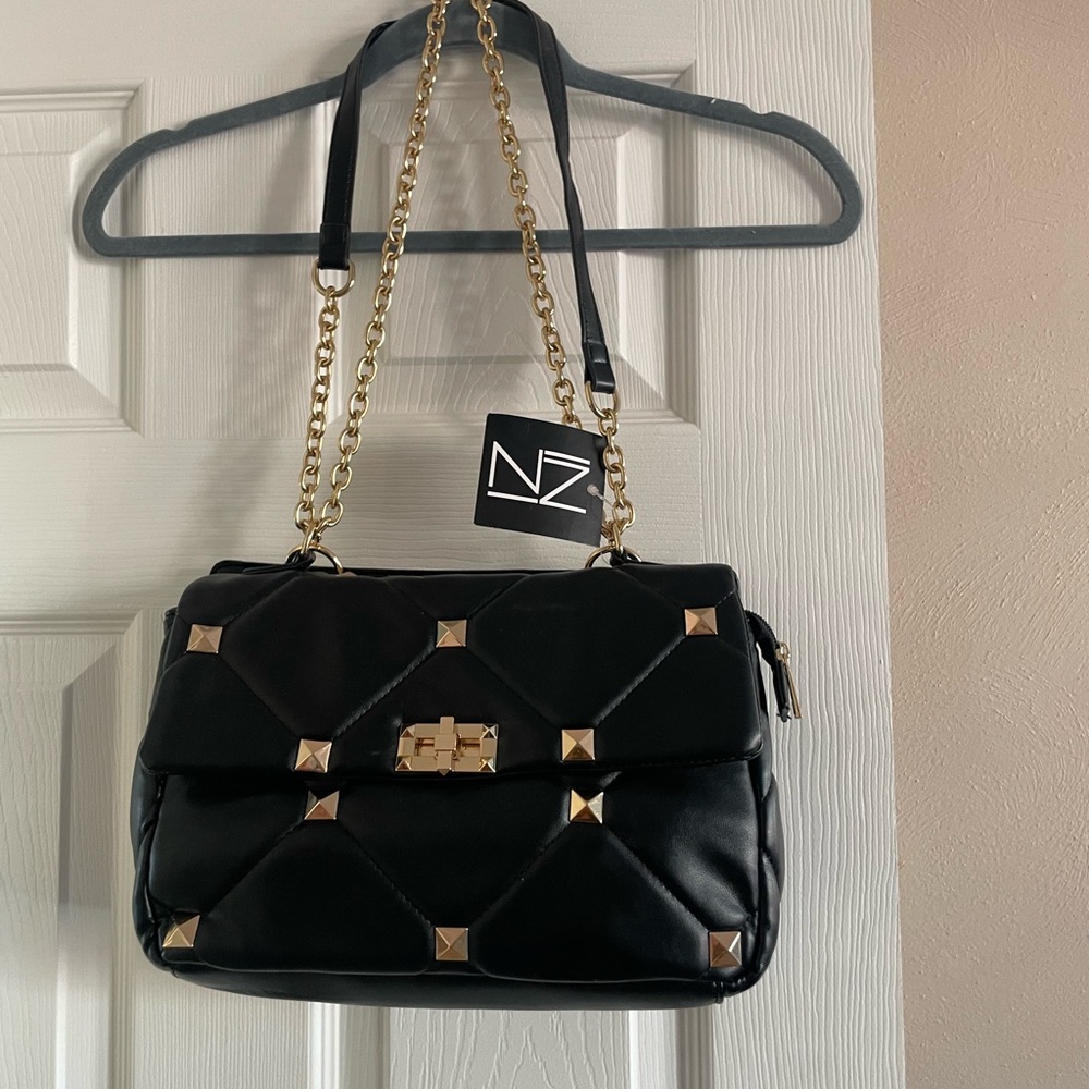 Black Quilted Handbag with Gold Accents